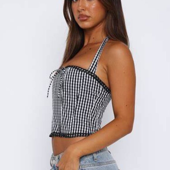 White Fox Black & White Gingham Bustier Corset Halter Lace Trim Crop Top - Picture 2 of 4
